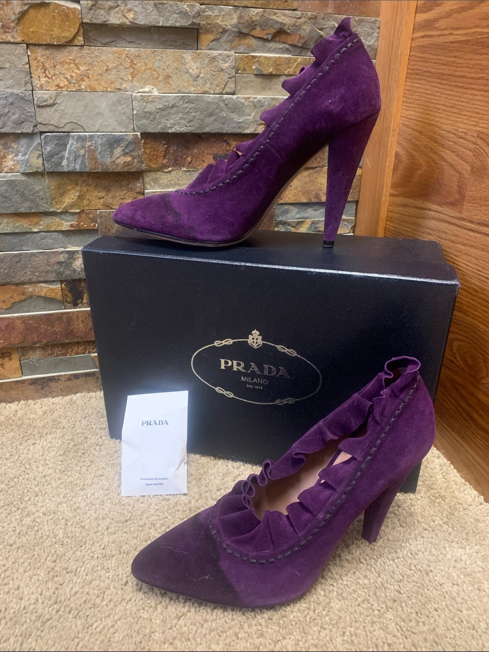 Prada Purple Suede Ruffle Pointed-Toe Sonia Prussia Stiletto Pumps $600 38